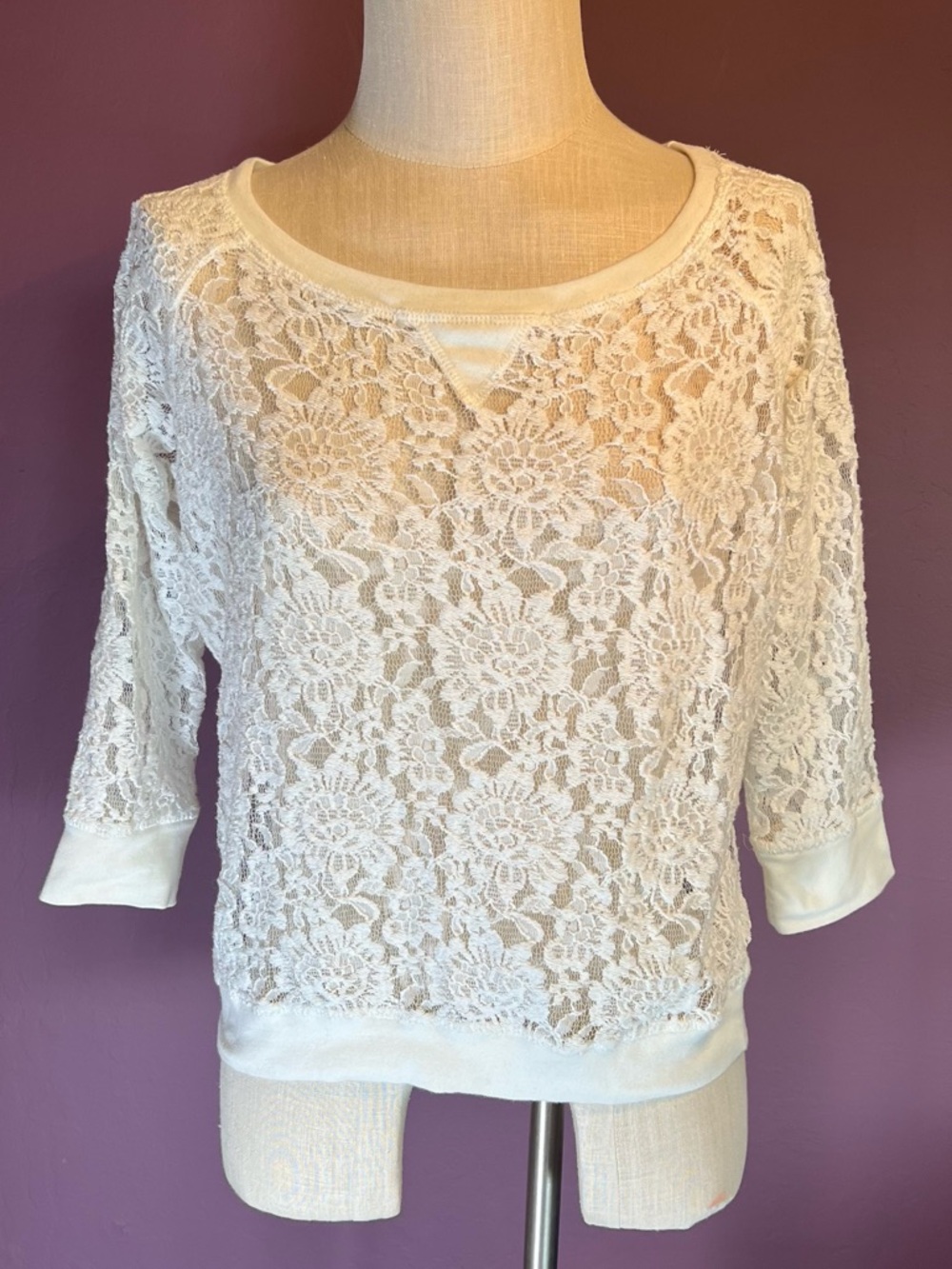 🤍Romantic Cotton White Lace Pullover Top w 3/4 Sleeves by Active